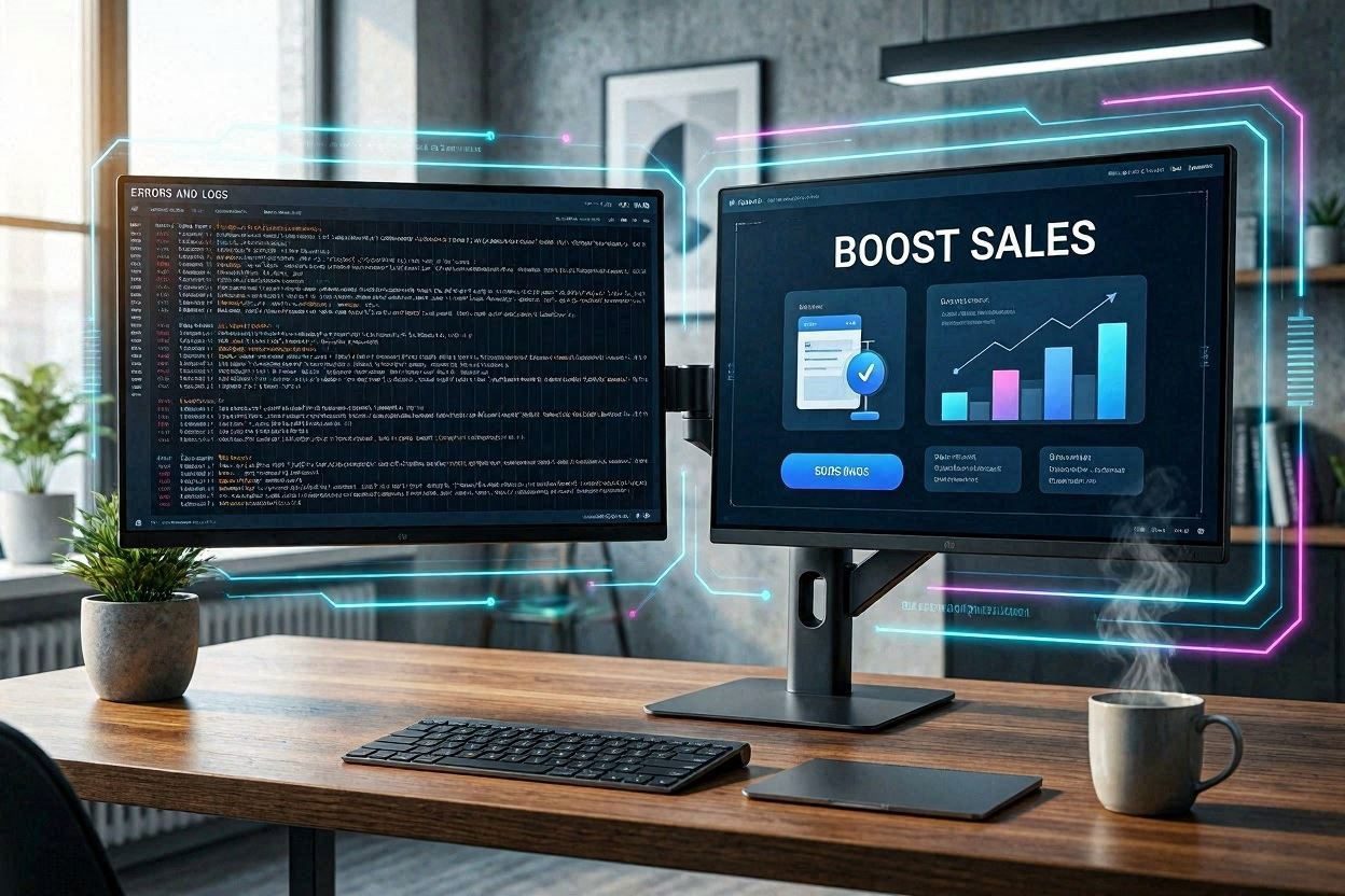 A dual-monitor setup demonstrating the visual sales compression method in action to maximize conversions.