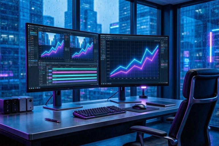 A modern dual-monitor workstation demonstrating a highly profitable Viral Compilation Model editing workflow.
