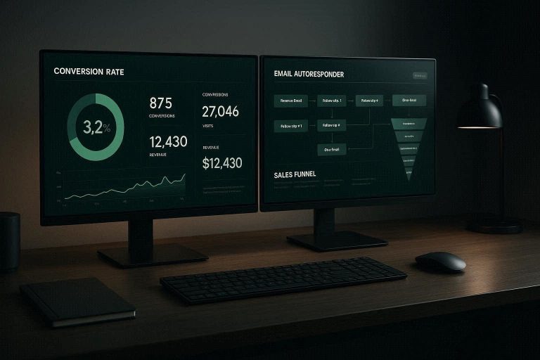 A glowing monitor showing an automated affiliate funnel workflow generating live digital commissions.