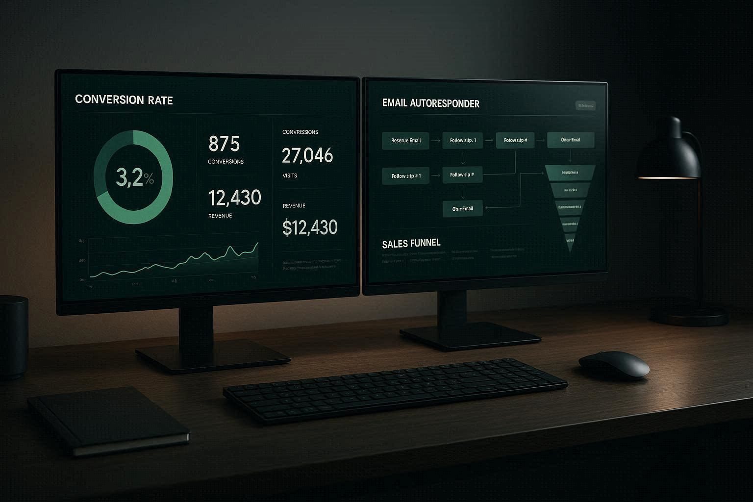 A glowing monitor showing an automated affiliate funnel workflow generating live digital commissions.