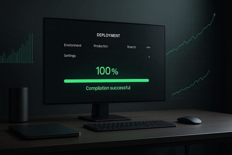 A professional desktop monitor demonstrating a completed automated app store deployment workflow in 2026.
