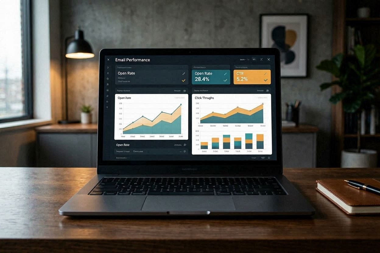 A laptop displaying a successful soap opera email sequence dashboard for automated affiliate marketing.