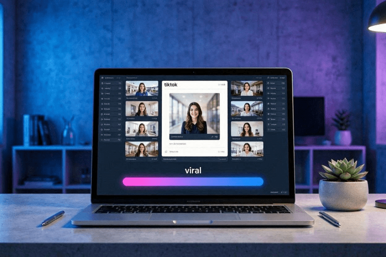 A professional workstation demonstrating a successful TikTok content automation workflow to scale video reach.