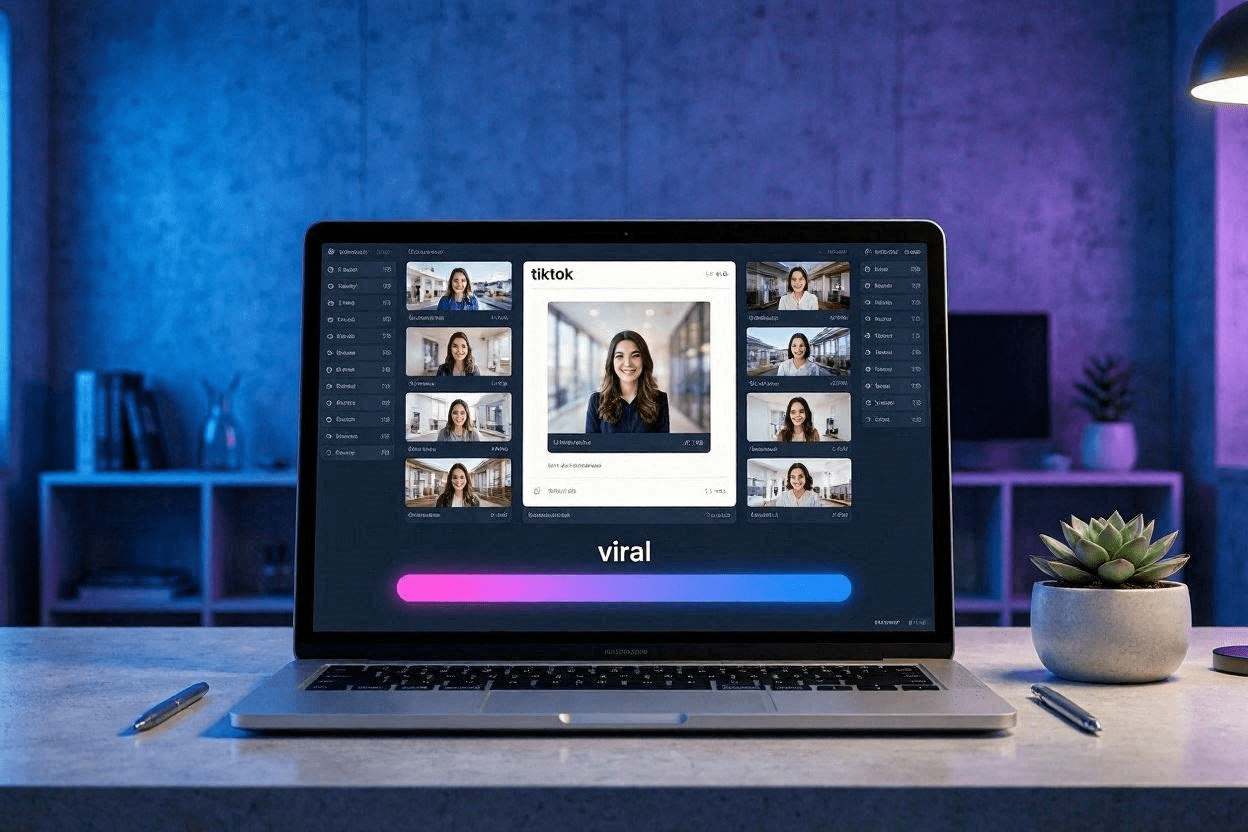 A professional workstation demonstrating a successful TikTok content automation workflow to scale video reach.