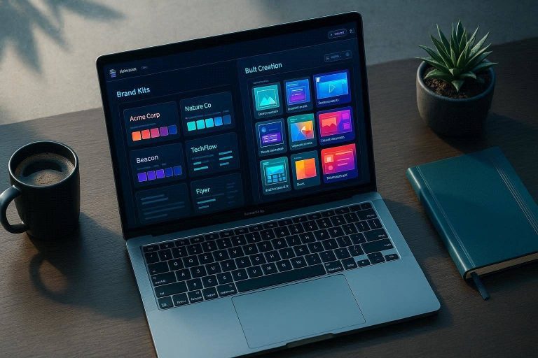 Entrepreneur utilizing advanced Canva design hacks on a laptop