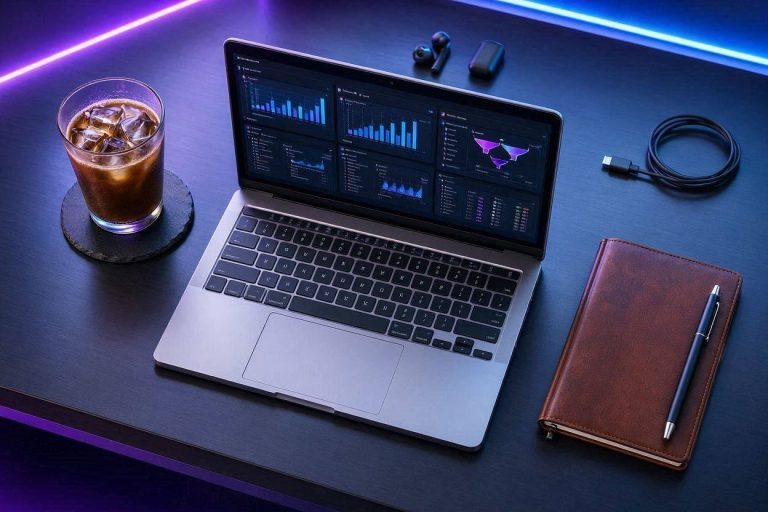 A modern laptop screen displaying a live competitor content scraping dashboard analyzing digital sales funnels.