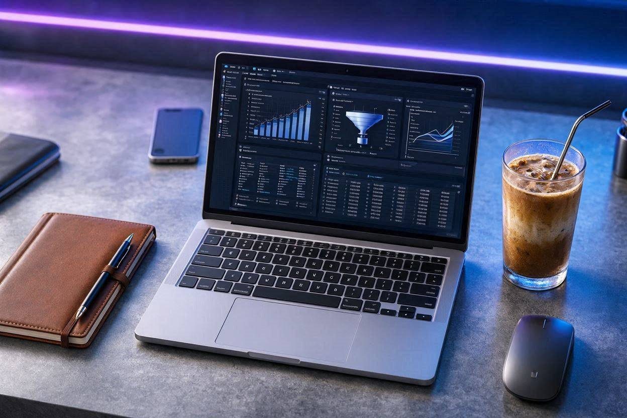 A modern laptop screen displaying a live competitor content scraping dashboard analyzing digital sales funnels.