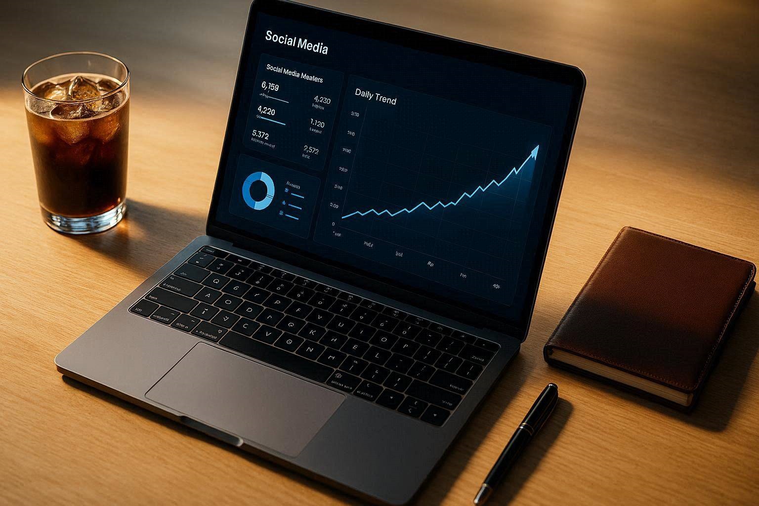 Facebook page research analytics dashboard on a modern workspace laptop