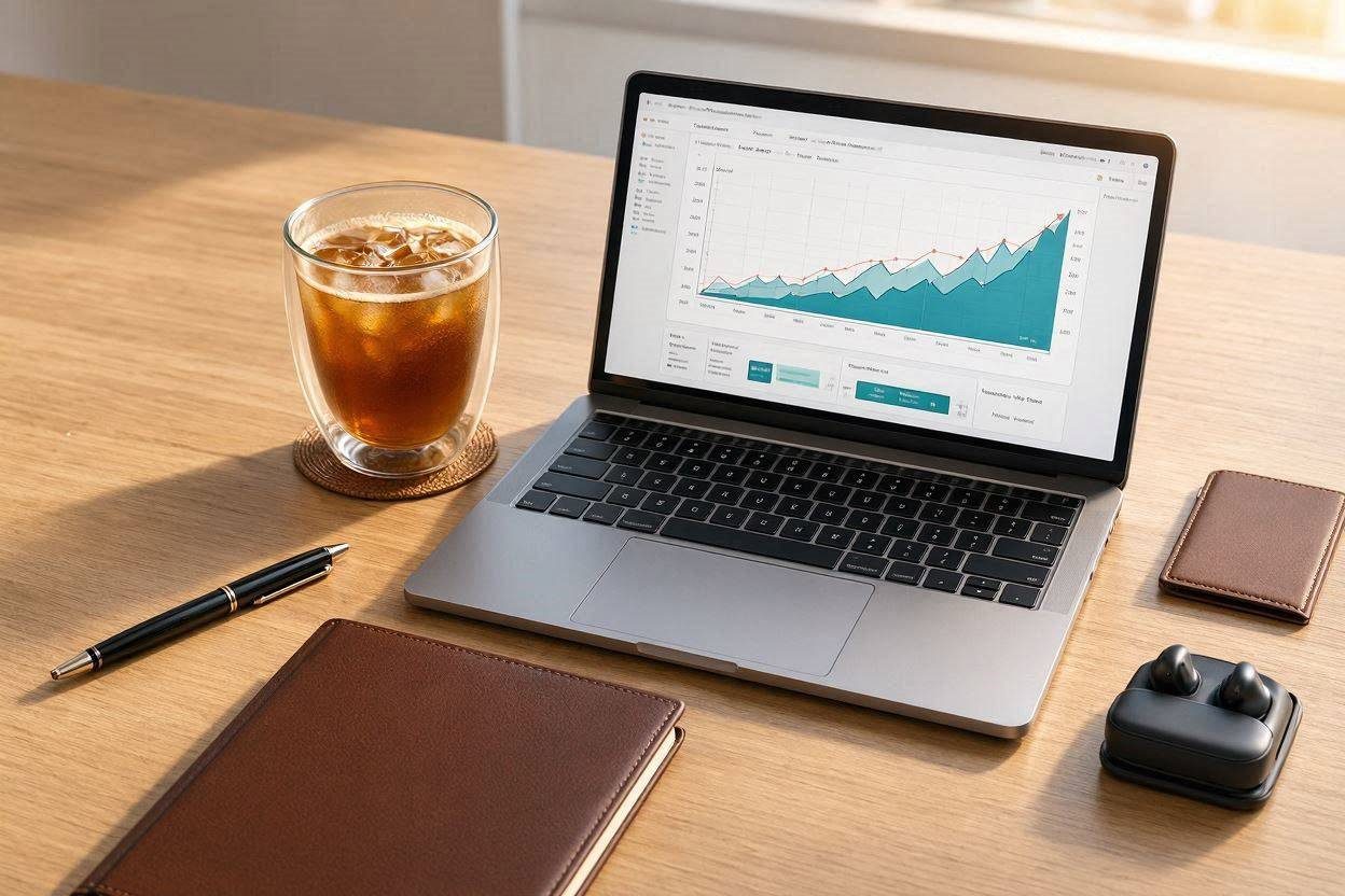 Facebook theme page workflow analytics dashboard on a modern workspace laptop